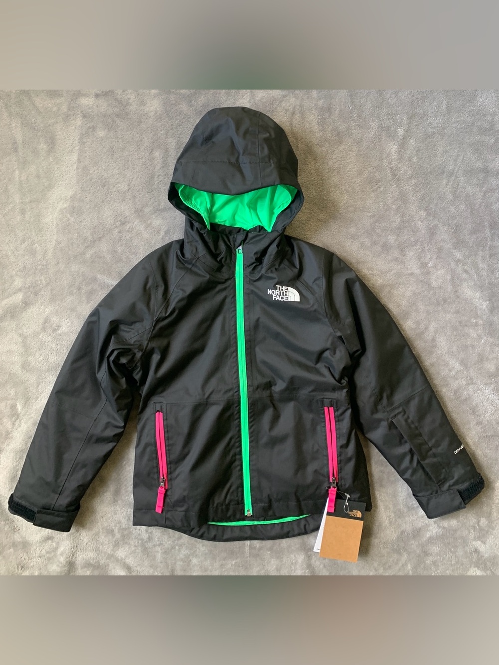The North Face Black Hooded Jacket with Green Lining & Pink Zippers